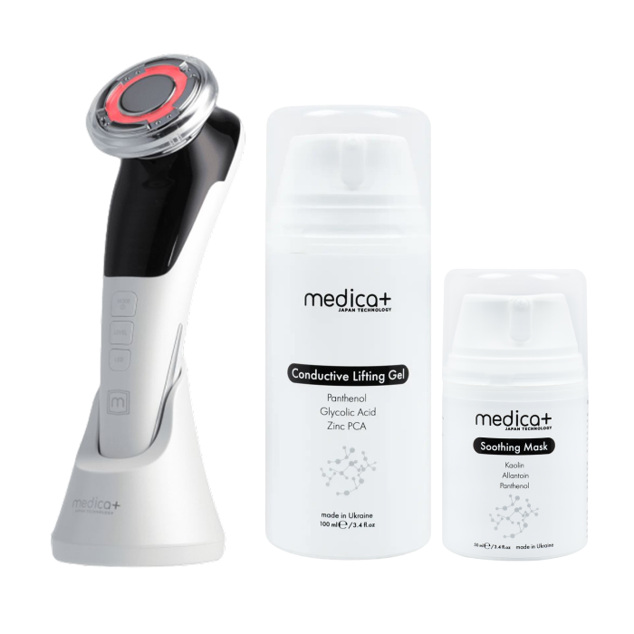 Набор Микротоковый RF Lifting Массажер для лица Skin Lifting 7.0 White + Токопроводящий гель + Успокаивающая маска для лица Medica+