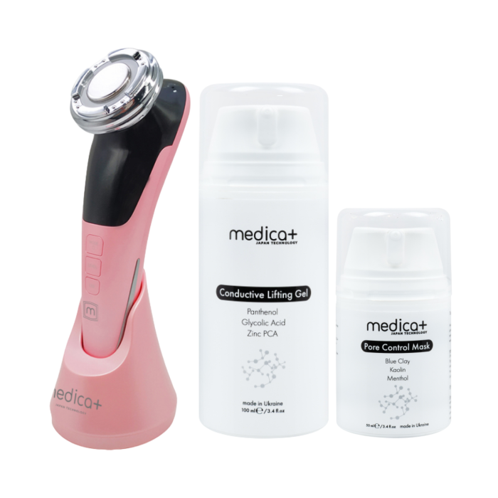 Набір Мікрострумовий RF Lifting Масажер для обличчя Skin Lifting 7.0 Pink + Провідний гель + Маска для обличчя, що розширює пори Medica+