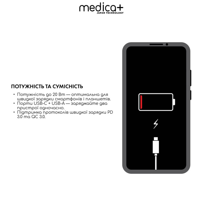 Блок универсальный подзарядный 2в1 MEDICA+ USB/Type-C (Black) фото № 2